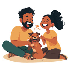 Happy father and daughter playing with their dog. Vector illustration in cartoon style..eps