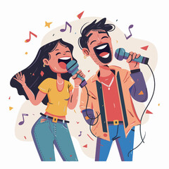 Happy young couple singing karaoke together. Vector illustration in cartoon style.eps