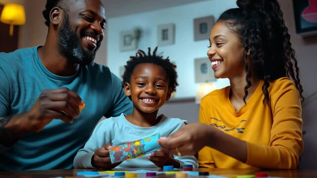 Joyful African American family playing board game at home, bonding and quality time with laughter and fun. Smiling parents and child enjoying togetherness, learning, and positive interaction indoors