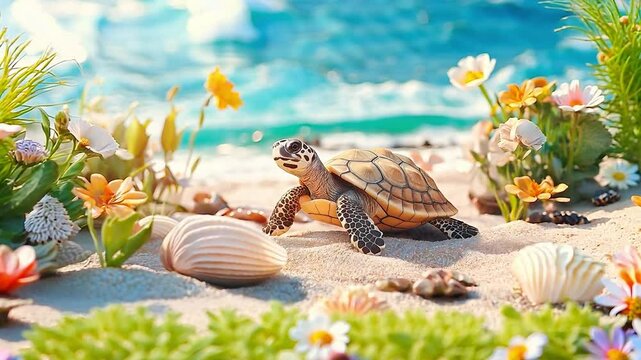 A cute tiny turtle crawling on the beach with flowers, seashells on sunny day	