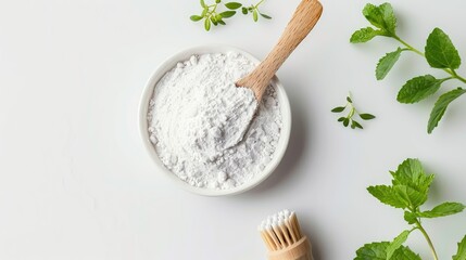 Top view, eco friendly tooth cleaning powder on white background with mint leaves.