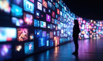 Backview of a young looking at animated stream of online interfaces with social media, fintechservices, e-commerce shopping, internet influencers and video streaming. Visualization of data usage.