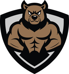 Bodybuilder bear head mascot with shield 