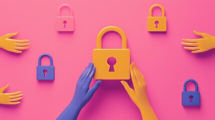 Visual of secure privacy and consent with abstract lock icons hands granting access and data protection symbols