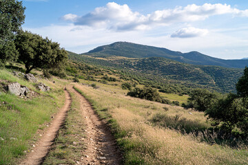 A dirt path winding through lush green rolling hills under a bright sky with scattered clouds in a natural landscape  
