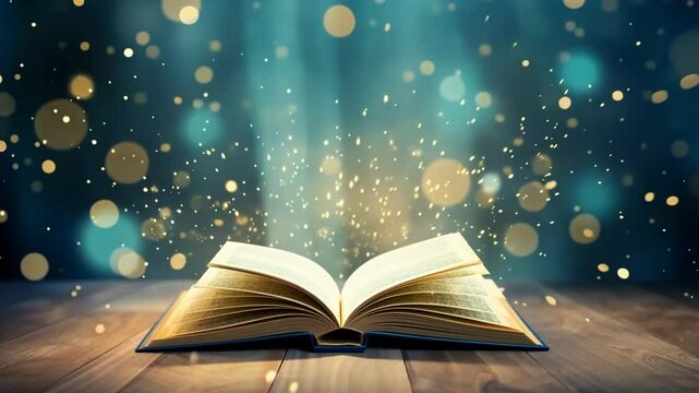 Open antique book on wooden table with magic glittering lights, blurred overlay	