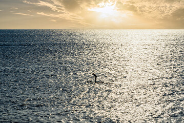 Fototapeta premium Silhouette of a woman practicing paddle surfing in the sea of ​​Menorca at sunset. Balearic Islands