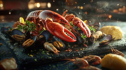 Luxurious Seafood Platter with Lobster, Oysters, Clams, and Crab Legs on Crushed Ice