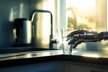 metallic robotic arm gently holding a cup