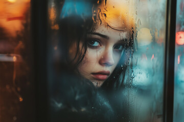 Sad woman looking through a window in the rain, street photography, emotional expression