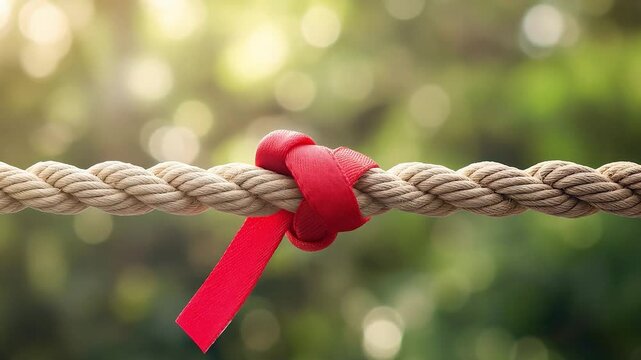 Long tug of war rope pulled tight, with red ribbon tie	
