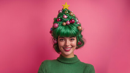 Portrait of a happy woman with a green wig in the shape of a Christmas tree, a New Year's style photo shoot on a pink background, a festive atmosphere, colorful baubles decorates her hairstyle