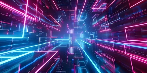 A vibrant, futuristic tunnel of neon lights in blue and pink, suggesting digital movement.