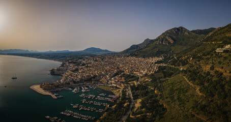 Castellammare del Golfo, Sicily, Italy. June 2023, sunny early morning. Aerial drone panoramic picture.