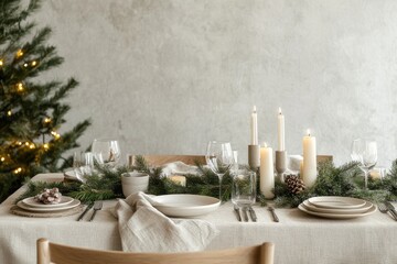 Nordic Scandinavian style dining table set for Christmas, with minimalist decor including neutral toned candles, simple greenery, and understated settings, wedding or event decor