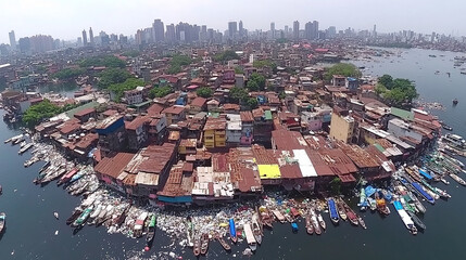An aerial view of a densely populated urban area with many boats, a crowded shoreline, and a city skyline in the background.