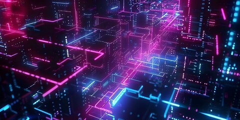 Fototapeta premium A vibrant, futuristic cityscape with neon lights and digital structures.