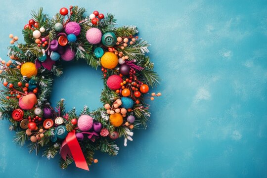 quirky Christmas wreath made of unconventional materials, such as pom poms, buttons, and colorful ribbons, blue minimal background with copy space