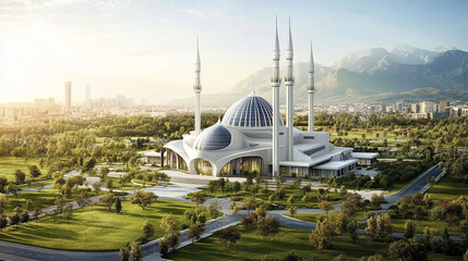 Naklejka premium An aerial view of a modern mosque with a large dome and minarets, surrounded by lush green trees and a cityscape in the background.