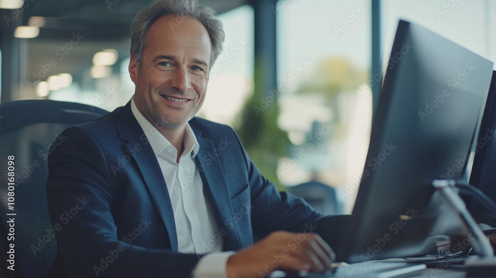 Aufkleber a man in a suit is sitting at a desk with a computer monitor in front of him