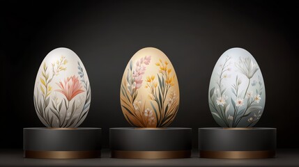 Fototapeta premium Exquisite easter eggs, a trio of springtime elegance with delicate floral designs