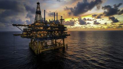 Oil Refinery off shore : Offshore oil platform at sunset with dramatic clouds and ocean view