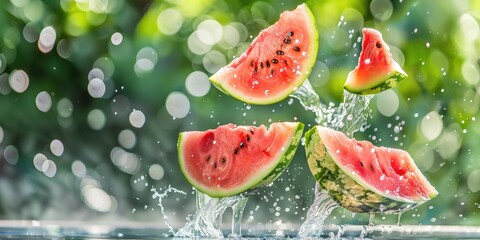 Refreshing Watermelon Slice falling and breaking into pieces with splash of juice, Soaking Up Summer Sun on blurred green background