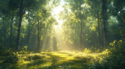 Obraz premium Serene forest path illuminated by soft sunlight and lush greenery.