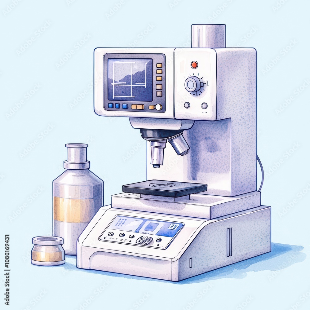 Poster a modern microscope with display and vials on a lab bench.