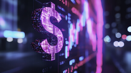 Luminous Dollar Sign investment : Close up of dollar symbol with futuristic design and graphs