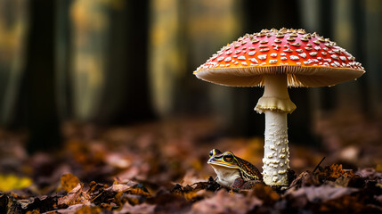 A little forest frog perched by a striking red Amanita muscaria mushroom amidst moss and dead leaves in the rich soil of a dark woodland, photographed in high detail in a professional macro shot