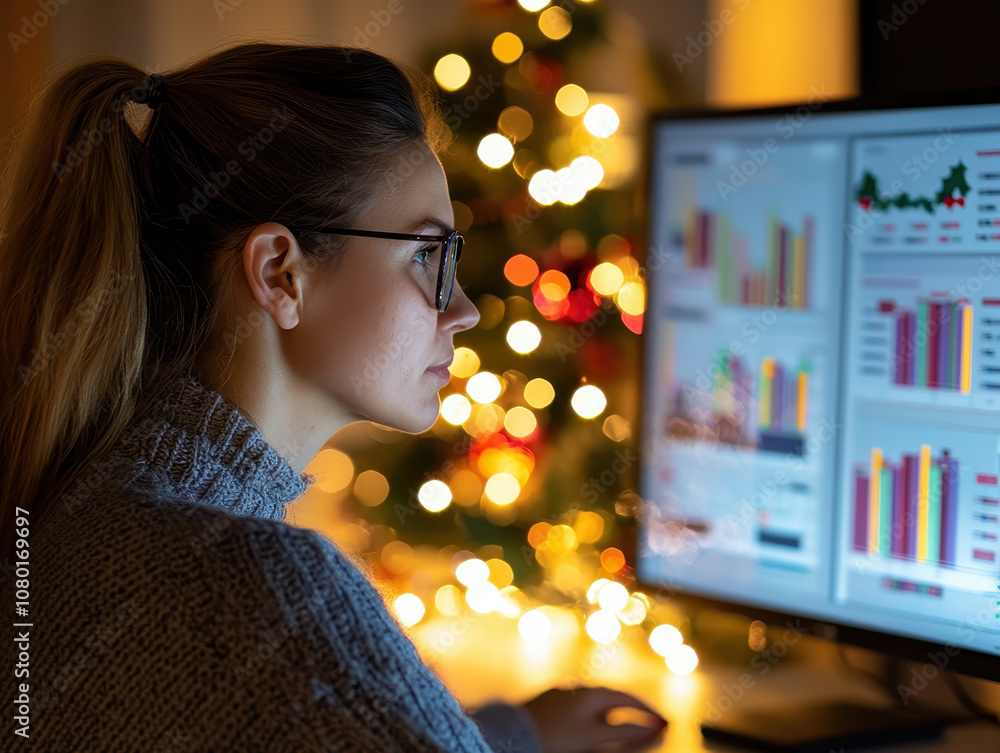 Poster woman analyzing year end sales data on computer, with christmas tree in background, creating festive
