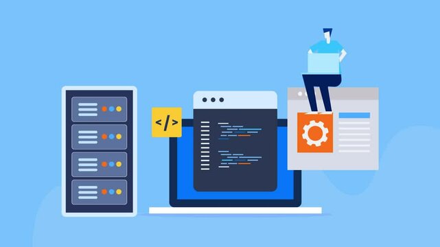 Software coding and programming, It engineer with laptop connects web server, updating web application, Information technology video animation.