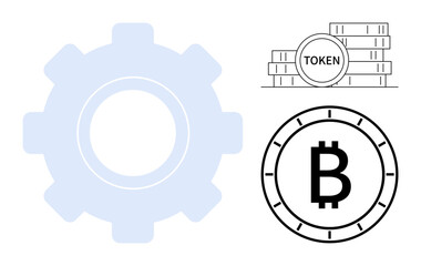 Large blue gear icon, a stack of tokens labeled Token, and a Bitcoin symbol coin. Ideal for cryptocurrency, blockchain, technology, finance, investment, digital asset, fintech. Line metaphor