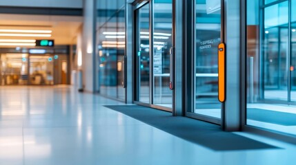 Close-up of a hospital entrance with automatic doors opening, welcoming visitors, accessibility, care