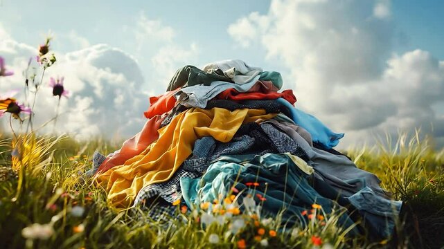 A large pile of colorful, crumpled clothing items including shirts, pants, and other garments	
