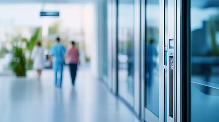 Fototapeta premium Close-up of hospital building entrance with automatic doors, people entering, accessibility, healthcare facility