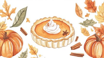 Pumpkin pie with autumn leaves and spices.