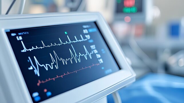 Close-up of EKG machine showing patient s heart rate, monitoring, technology