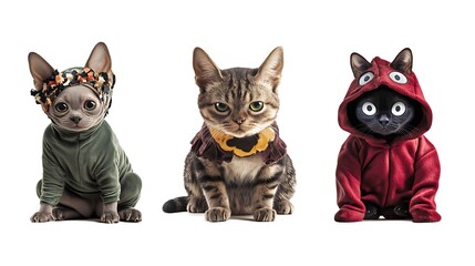 Obraz premium Several cats and dogs in Halloween costumes sit in a row against a white background.