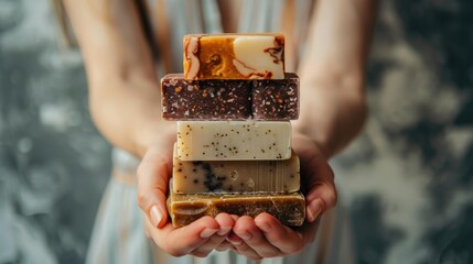 Woman's Hands holding a stack of natural solid natural soap bars. Zero waste. Choice plastic free eco products.