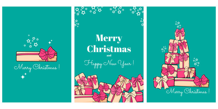 A set of Christmas greeting cards with painted gifts, bows and ribbons, in soft mint, beige and pink tones.merry christmas and happy new year greeting cards.