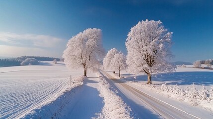 Obraz premium In a winter landscape in Germany, a road covered in snow and trees covered in snow. 