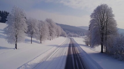 Obraz premium In a winter landscape in Germany, a road covered in snow and trees covered in snow. 