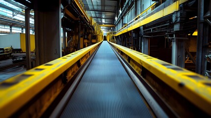 A long conveyor belt in a warehouse, made of steel and yellow metal bars, with a gray grid surface. In the background are modern storage equipment for products such as car parts or electronic devices.