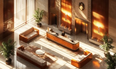Isometric hotel lobby with reception desk, lounge area, and elevators, luxurious and welcoming, 3D illustration