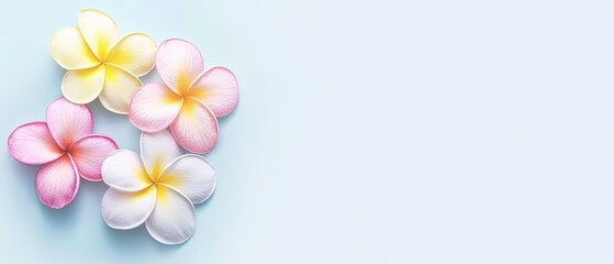 Obraz premium Beautiful plumeria flowers arranged on a soft blue background.
