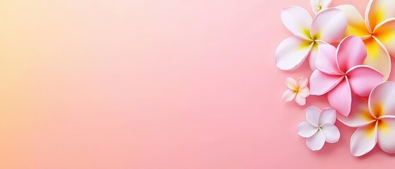 Naklejka premium Beautiful plumeria flowers arranged on a soft pink background.