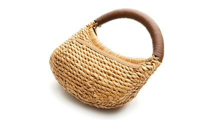 A light brown woven handbag with a brown handle.