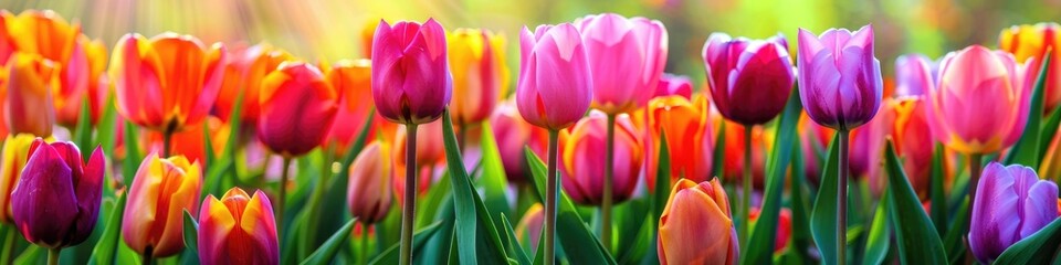 Obraz premium Field of Tulips. Spring Day Landscape with Colourful Blooming Tulips in Panoramic View